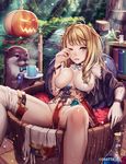  animal animal_on_head blonde_hair blue_eyes blush bookshelf bra breast_slip breasts bucket candle cup drooling eyebrows_visible_through_hair flask flower frog gloves halloween_basket jack-o'-lantern large_breasts long_hair looking_at_viewer mug no_panties official_art on_head one_breast_out one_eye_closed open_mouth original otter oven_mitts partially_visible_vulva pelvic_curtain remana revealing_clothes saliva single_glove single_thighhigh solo spread_legs thighhighs tray underwear white_bra white_gloves white_legwear 