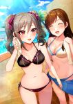  2girls absurdres bangs bare_shoulders bikini black_bikini blue_sky blush bow breasts brown_hair cleavage collarbone commentary_request day drill_hair eyes_closed hair_between_eyes hair_bow highres idolmaster idolmaster_cinderella_girls jai_(whany1998) kanzaki_ranko long_hair medium_breasts multiple_girls navel nitta_minami open_mouth palm_tree pool red_eyes silver_hair sky smile swimsuit tree twin_drills twintails wet white_bikini 