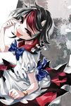  akanbe black_hair bow dress fang horns katayama_kei kijin_seija multicolored_hair red_eyes red_hair short_hair smile solo streaked_hair tongue tongue_out touhou white_hair 