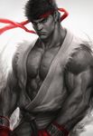  abs black_hair dougi eyebrows gloves headband highres looking_at_viewer male_focus md5_mismatch monochrome muscle pectorals ryuu_(street_fighter) sleeveless solo spot_color stanley_lau street_fighter street_fighter_ii_(series) thick_eyebrows upper_body 