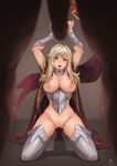  armor ass_visible_through_thighs bdsm blonde_hair blue_eyes boots breasts cape chain erection gorget grey_footwear highres kneeling large_breasts long_hair nipples original penis pussy_juice rebe11 solo_focus thigh_boots thighhighs 