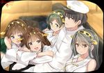  4girls admiral_(kantai_collection) bare_shoulders black_hair blush brown_hair crossed_arms detached_sleeves facial_hair glasses green-framed_eyewear hair_ornament hairband haruna_(kantai_collection) hat hiei_(kantai_collection) isshiki_(ffmania7) japanese_clothes kantai_collection kirishima_(kantai_collection) kongou_(kantai_collection) long_hair lying_on_person military military_uniform multiple_girls naval_uniform nontraditional_miko open_mouth short_hair skirt smile stubble uniform 