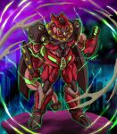 1other arm_up armor artist_name aura biomechanical black_carapace black_wings carapace cell_max cityscape clenched_hands colored_skin dragon_ball dragon_ball_super dragon_ball_super_super_hero english_commentary full_body green_aura green_carapace green_lightning green_skin highres insect_wings mace monster muscular outer_glow pink_skin red_carapace redesign reykovlor shoulder_armor solo tail weapon wings yellow_eyes 