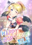  ayase_eli bat_wings blonde_hair blue_eyes crescent english halloween_costume happy_birthday hat highres kyol-2 love_live! love_live!_school_idol_project one_eye_closed ponytail pumpkin smile solo star wings witch_hat wrist_cuffs 