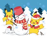  bad_pixiv_id blue_sky blush_stickers bucket bucket_on_head closed_eyes clothed_pokemon flag flat_color gen_1_pokemon hat no_humans object_on_head open_mouth outdoors pikachu pokemon pokemon_(creature) santa_hat scarf sexual_dimorphism sky smile snow snowflakes snowman tree winter zrae 