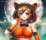  :q animal_costume artist_name beamed_eighth_notes bow bowtie breasts brown_hair elbow_gloves full_moon gloves headphones hood large_breasts looking_at_viewer meiko moon musical_note number orange_gloves pham_thai_chau pink_eyes sixteenth_note solo tongue tongue_out treble_clef upper_body vocaloid watermark web_address wolf_costume 