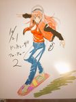  back_to_the_future boots breasts cosplay denim headphones hover_board jacket jeans large_breasts long_hair looking_at_viewer marty_mcfly marty_mcfly_(cosplay) nitroplus open_clothes open_jacket pants parody pink_hair red_eyes sketch solo super_sonico tayutayu2 traditional_media 