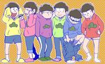  :&gt; :3 black_hair briefs brothers closed_eyes commentary_request hands_in_pockets hands_on_hips heart heart_in_mouth hood hoodie index_finger_raised male_focus male_underwear matsu_symbol matsuno_choromatsu matsuno_ichimatsu matsuno_juushimatsu matsuno_karamatsu matsuno_osomatsu matsuno_todomatsu messy_hair multiple_boys no_pants nrnk osomatsu-kun osomatsu-san pen polka_dot polka_dot_background sandals sextuplets siblings sleeves_past_wrists smile socks underwear undressing wall-eyed 