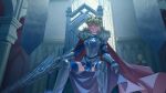  1boy 1girl absurdres armor armored_dress artoria_pendragon_(fate) artoria_pendragon_(lancer)_(fate) blonde_hair blue_gloves blue_thighhighs camelot_(fate/grand_order) cape crown dress fate/grand_order fate_(series) fur-trimmed_cape fur_trim gloves highres holding holding_weapon knights_of_the_round_table_(fate) rhongomyniad_(fate) saber_(fate) sitting taek_ten thighhighs thighs weapon 