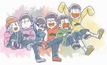  :3 arm_around_shoulder beanie blush_stickers brothers crossed_legs hat heart heart_in_mouth hood hoodie jitome male_focus matsu_symbol matsuno_choromatsu matsuno_ichimatsu matsuno_juushimatsu matsuno_karamatsu matsuno_osomatsu matsuno_todomatsu multiple_boys nnbn osomatsu-kun osomatsu-san sextuplets siblings sitting sleeves_past_wrists smile sunglasses v 