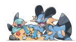  animal_focus blacknirrow commentary english_commentary evolutionary_line fins highres looking_down marshtomp mudkip no_humans open_mouth pokemon pokemon_(creature) rock sand seashell shell smile swampert white_background 