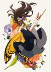  black_dress brown_hair bug butterfly butterfly_wings dress flower highres insect keishin long_hair original smile solo very_long_hair wings 