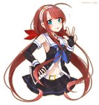  ahoge asymmetrical_bangs bangs blue_eyes gloves hairband hand_on_hip kantai_collection kawakaze_(kantai_collection) long_hair no_legs ougi_hina red_hair school_uniform smile solo tongue twintails v 