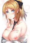  ayase_eli blonde_hair blue_eyes blush body_writing breasts happy_birthday hews_hack large_breasts looking_at_viewer love_live! love_live!_school_idol_project necktie nipples open_clothes open_shirt ponytail shirt smile solo 