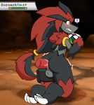  anal anal_penetration anthro balls black_fur blush butt cave claws disembodied_penis fur grey_fur johnithanial male male/male mega_stone mega_zoroark nintendo penetration penis pok&eacute;mon precum red_fur sex shaking shivering shocked surprise_butt_sex sweat teeth thrusting video_games zoroark 