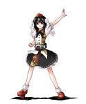  black_hair black_skirt crossover hat henshin henshin_pose highres kamen_rider kazami_shirou_(kaizou-zumi) parody pose red_footwear red_hat rider_belt shameimaru_aya shoes skirt skyrider touhou 