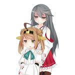  antenna_hair ascot bare_shoulders black_hair brown_eyes commentary_request cosplay detached_sleeves double_bun dress_shirt grin hair_bun hair_ornament hairband hairclip haruna_(kantai_collection) headgear headgear_removed japanese_clothes kantai_collection kongou_(kantai_collection) kongou_(kantai_collection)_(cosplay) light_brown_hair long_hair michishio_(kantai_collection) multiple_girls nontraditional_miko open_mouth shirt short_hair short_twintails skirt smile suspenders tun twintails yellow_eyes 