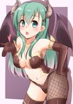  absurdres aqua_eyes aqua_hair bare_shoulders bat_wings blush breasts costume demon_girl demon_wings elbow_gloves fake_horns gloves green_eyes green_hair hair_between_eyes hair_ornament hairclip halloween hand_on_hip happy_halloween heart highres horns kantai_collection kapatarou large_breasts long_hair looking_at_viewer navel open_mouth pantyhose solo succubus suzuya_(kantai_collection) wings 