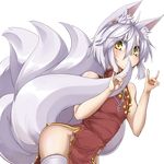  amino_dopple animal_ear_fluff animal_ears bare_shoulders blush china_dress chinese_clothes dress fox_ears fox_tail looking_at_viewer multiple_tails no_panties original short_hair side_slit silver_hair solo tail thighhighs transparent_background white_legwear yellow_eyes 