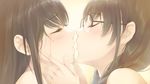  bangs bare_shoulders blush braid brown_hair close-up closed_eyes eyelashes face flowers_(innocent_grey) from_side game_cg glasses hanabishi_rikka hands_on_another's_face imminent_kiss multiple_girls official_art profile shirahane_suou sugina_miki tears twin_braids yuri 
