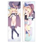  1girl bare_legs barefoot blonde_hair bloomers blush bottomless cape dakimakura_(medium) flat_chest full_body hairband hat little_witch_nobeta long_hair looking_at_viewer lying navel no_shoes nobeta official_art on_back on_stomach open_mouth phyllis_(cat)_(little_witch_nobeta) phyllis_(little_witch_nobeta) pink_hairband red_eyes stomach thighhighs topless white_bloomers witch_hat 