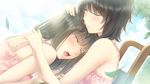  bare_shoulders black_hair blush brown_hair chair closed_eyes crying dutch_angle flowers_(innocent_grey) frills game_cg hand_on_another's_head holding hug leaf multiple_girls official_art open_mouth outdoors parted_lips sad short_hair sugina_miki takasaki_chidori tears teeth yaegaki_erika 