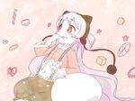  :p animal_ears beanie bubble_skirt capelet doughnut fake_animal_ears food food_in_mouth fur_trim hat long_hair magical_girl mahou_shoujo_madoka_magica mahou_shoujo_madoka_magica_movie momoe_nagisa muhogame pom_pom_(clothes) skirt smile suspenders tongue tongue_out two_side_up white_hair yellow_eyes 