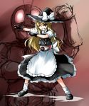  1girl apron black_dress black_footwear black_gloves black_shirt blonde_hair bow crossover dress gloves grin hat henshin henshin_pose highres kamen_rider kamen_rider_2 kazami_shirou_(kaizou-zumi) kirisame_marisa parody pose rider_belt shirt shoes smile touhou white_bow witch_hat 