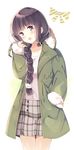  :d alternate_costume braid brown_hair coat commentary_request hair_over_shoulder hand_in_pocket kantai_collection kitakami_(kantai_collection) komi_zumiko long_hair long_sleeves open_mouth single_braid smile solo 