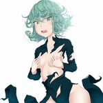  black_dress breasts covering covering_breasts curly_hair dress green_eyes green_hair himegami looking_at_viewer no_bra no_panties one-punch_man open_mouth short_hair small_breasts solo tatsumaki torn_clothes 