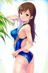  ashita_(2010) ass bad_id bad_twitter_id breasts brown_eyes brown_hair competition_swimsuit from_behind from_side highres idolmaster idolmaster_cinderella_girls idolmaster_cinderella_girls_starlight_stage long_hair looking_back medium_breasts nitta_minami one-piece_swimsuit smile solo swimsuit towel 