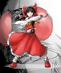  1girl black_hair bow crossover dress hakurei_reimu henshin henshin_pose highres japanese_clothes kamen_rider kamen_rider_1 kazami_shirou_(kaizou-zumi) miko parody pose red_bow red_dress red_footwear rider_belt shoes touhou 