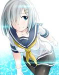  2015 32._(32_sats) black_legwear blue_eyes breasts collarbone cowboy_shot dated gloves gradient gradient_background hair_ornament hair_over_one_eye hairclip hamakaze_(kantai_collection) kantai_collection leaning_forward lens_flare lens_flare_abuse looking_at_viewer medium_breasts miniskirt neckerchief pantyhose pleated_skirt school_uniform serafuku short_hair short_sleeves signature silver_hair skirt smile solo water white_background white_gloves yellow_neckwear 