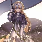  armor armored_dress blonde_hair blue_eyes braid breasts capelet chain fate/apocrypha fate_(series) faulds flag gauntlets headpiece jeanne_d'arc_(fate) jeanne_d'arc_(fate)_(all) kotera_ryou long_hair medium_breasts sheath sheathed single_braid solo staff sword very_long_hair weapon 