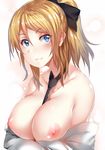  ayase_eli blonde_hair blue_eyes blush breasts happy_birthday hews_hack large_breasts looking_at_viewer love_live! love_live!_school_idol_project nipples open_clothes open_shirt ponytail shirt smile solo 