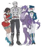  1boy 3girls 580aoi arm_cannon braid breasts commentary_request dark_skin decepticon genderswap genderswap_(mtf) glasses gloves hat highres insignia megatron megatron_(transformers_one) multiple_girls open_mouth red_eyes shockwave_(transformers) short_hair simple_background skirt smile soundwave_(transformers) starscream thighhighs transformers transformers_one weapon 