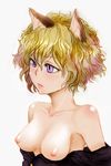  animal_ears bare_shoulders blonde_hair breasts cat_ears collarbone highres hunter_x_hunter neferpitou pocari66 purple_eyes short_hair small_breasts solo undressing upper_body wavy_hair 