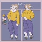  anthro blue_eyes caprine clothing color_scheme fur hi_res hoodie hooves jeans looking_at_viewer luke_(thorsoneyja) male mammal model_sheet pose potionmastercernun sheep solo white_fur 