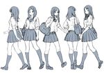  back bag character_sheet greyscale kneehighs loafers long_hair monochrome multiple_views original parted_lips pleated_skirt ribbon school_bag school_uniform shoes simple_background skirt triangle_mouth twinpoo white_background 