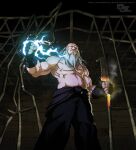  1boy abs avatar:_the_last_airbender avatar_legends bandaged_hand bandages beard black_pants broken clenched_hands commentary darkkenjie deviantart_username electricity english_commentary facial_hair feet_out_of_frame frown glowing glowing_hand grey_hair highres iroh male_focus melting molten_metal muscular muscular_male old old_man pants prison_cell smoke solo standing topless_male web_address 
