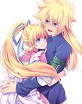  1girl apron blonde_hair blue_eyes brother_and_sister dress gloves hug kirimi_maguro lilith_aileron long_hair ponytail siblings stahn_aileron tales_of_(series) tales_of_destiny 