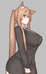  animal_ears breasts curvy formal fox_ears huge_breasts mogu_(kanikama_mgmg) original ponytail solo suit 