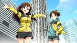  :&gt; :d blue_eyes bow breasts brown_hair building city cityscape game_cg go!_go!_nippon!_2015 go!_go!_nippon!_~my_first_trip_to_japan~ hair_ribbon hand_on_hip highres hood hoodie landmark large_breasts long_hair miniskirt misaki_akira misaki_makoto_(go!_go!_nippon!) multiple_girls non-web_source official_art open_mouth outstretched_arms ponytail red_eyes ribbon short_hair short_shorts shorts skirt smile tokyo_sky_tree tower zipper 