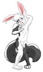  2014 anthro bulge cubi fur lagomorph male mammal nude null rabbit rubber simple_background skunk solo transformation white_background 