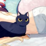  1girl animal artist_request black_cat blonde_hair cat closed_mouth hat hat_ribbon little_witch_nobeta lying navel nobeta official_art phyllis_(cat)_(little_witch_nobeta) phyllis_(little_witch_nobeta) purple_hat ribbon solo stomach topless white_bloomer 