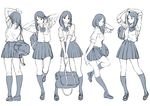  adjusting_hair arms_up bag character_sheet greyscale kneehighs leaning loafers long_hair monochrome multiple_views original pleated_skirt ribbon school_bag school_uniform shoes simple_background skirt twinpoo white_background 