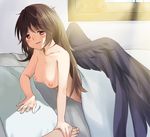  areolae ari_don arm_support bad_id bad_pixiv_id bangs bed bed_sheet blush breasts brown_hair eyebrows eyebrows_visible_through_hair feathered_wings hair_between_eyes holding_hands long_hair lying medium_breasts nipples nude on_stomach open_mouth pillow reiuji_utsuho smile solo_focus touhou wings 