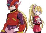  1boy 1girl android bangs blonde_hair blue_eyes blush ciel_(rockman) eyebrows_visible_through_hair gloves hands_together headgear helmet high_ponytail long_hair open_mouth pink_skirt ponytail rockman rockman_zero simple_background skirt white_background white_gloves zakki zero_(rockman) 