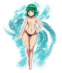  ass_visible_through_thighs aura barefoot bikini black_bikini breasts contrapposto curly_hair eyelashes frilled_bikini frills frown full_body green_eyes green_hair hand_on_hip highres navel nipples one-punch_man short_hair small_breasts solo standing swimsuit tatsumaki the_golden_smurf thigh_gap thighs toes topless wide_hips 
