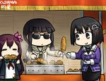  =_= bangs black_eyes black_hair blunt_bangs blush braid brown_hair c: closed_eyes coin corn crescent crescent_moon_pin eating gloves grilling haguro_(kantai_collection) hair_ornament hamu_koutarou hime_cut kantai_collection kisaragi_(kantai_collection) kitakami_(kantai_collection) long_hair multiple_girls pantyhose pleated_skirt purple_hair remodel_(kantai_collection) school_uniform serafuku short_hair sidelocks skirt smile stall sunglasses translated white_gloves 